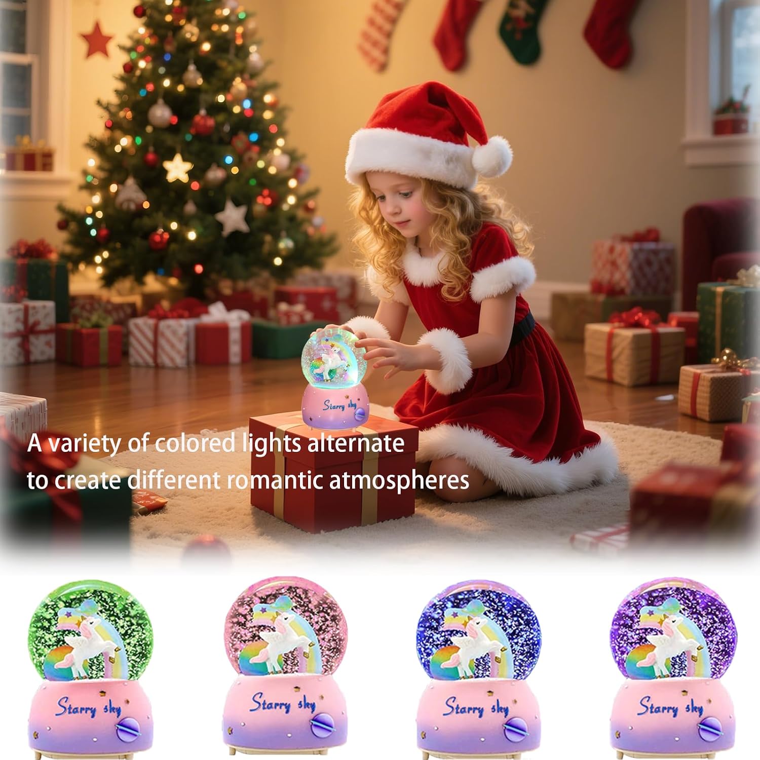 Unicorn Music Snowball, 80MM Snow Globes for Girls Music Box, with LED Rainbow Snow Lights, Birthday, Christmas, Ideal Gift for Girls (Pink)