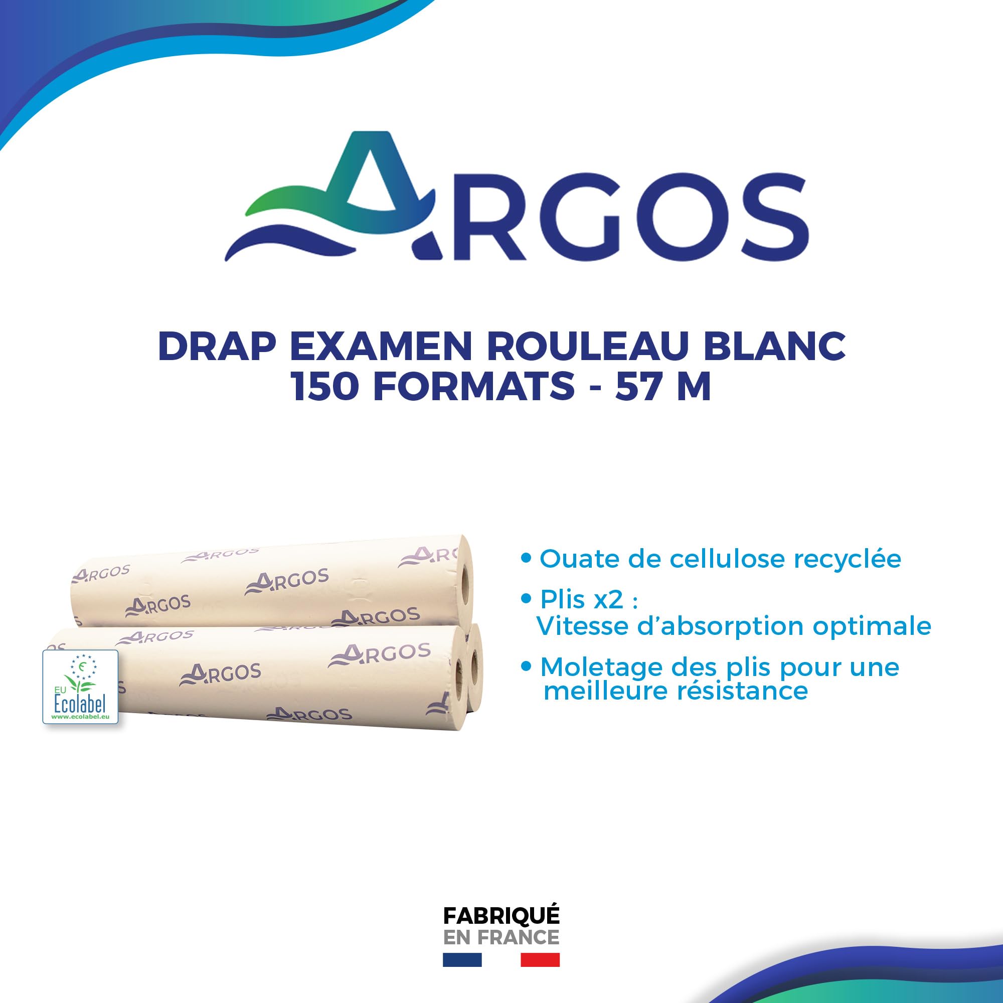 ARGOS - Drap d'examen rouleau blanc - Cellulose recyclée - Confort et absorption - 57M - 150 format - Fabrication française - 6 Rouleaux de 150 Feuilles