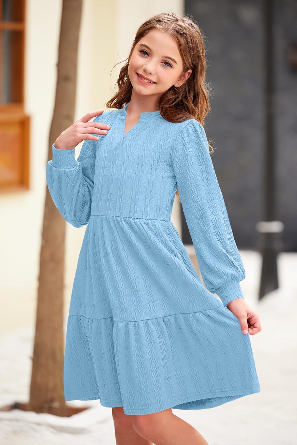 Girls Fall Knit Dresses V Neck Long Puff Sleeve Dress Ruffle Hem with Pockets 6-14 Years - Image 4