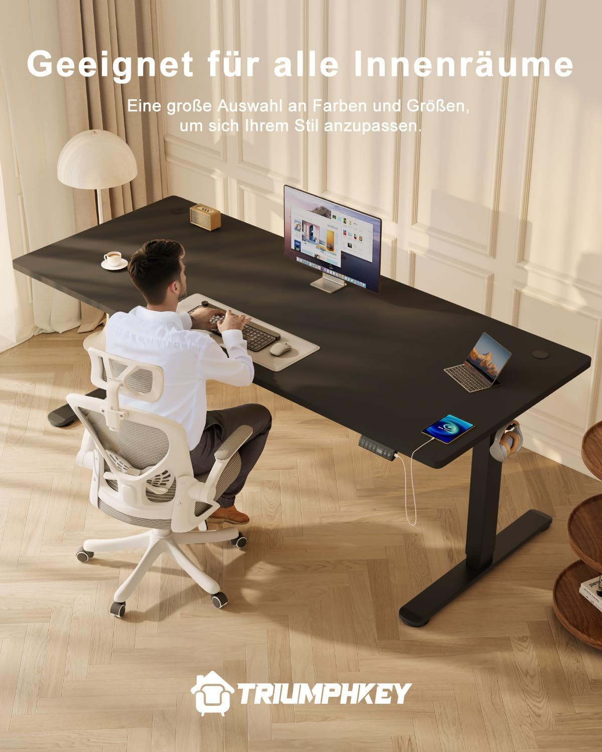 Close-up of the desk's intelligent control panel with numeric display, memory buttons, and USB port