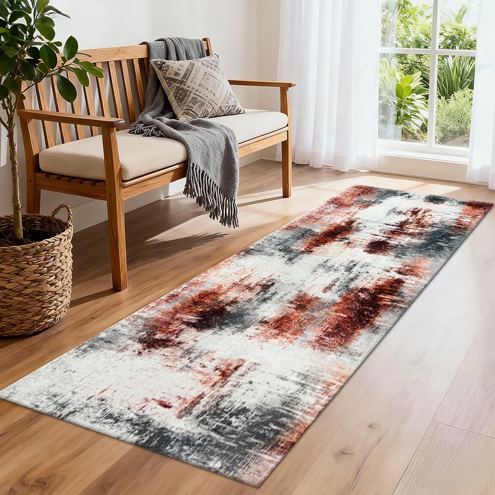24" x 72" Modern Washable Laundry Room Runner Rug Abstract Hallway Kitchen Abstract Mat with Non-Slip Soft Low Pile Organization Decor Carpet for Bedroom (Wine red/Gray, 2' x 6' (Rectangular))
