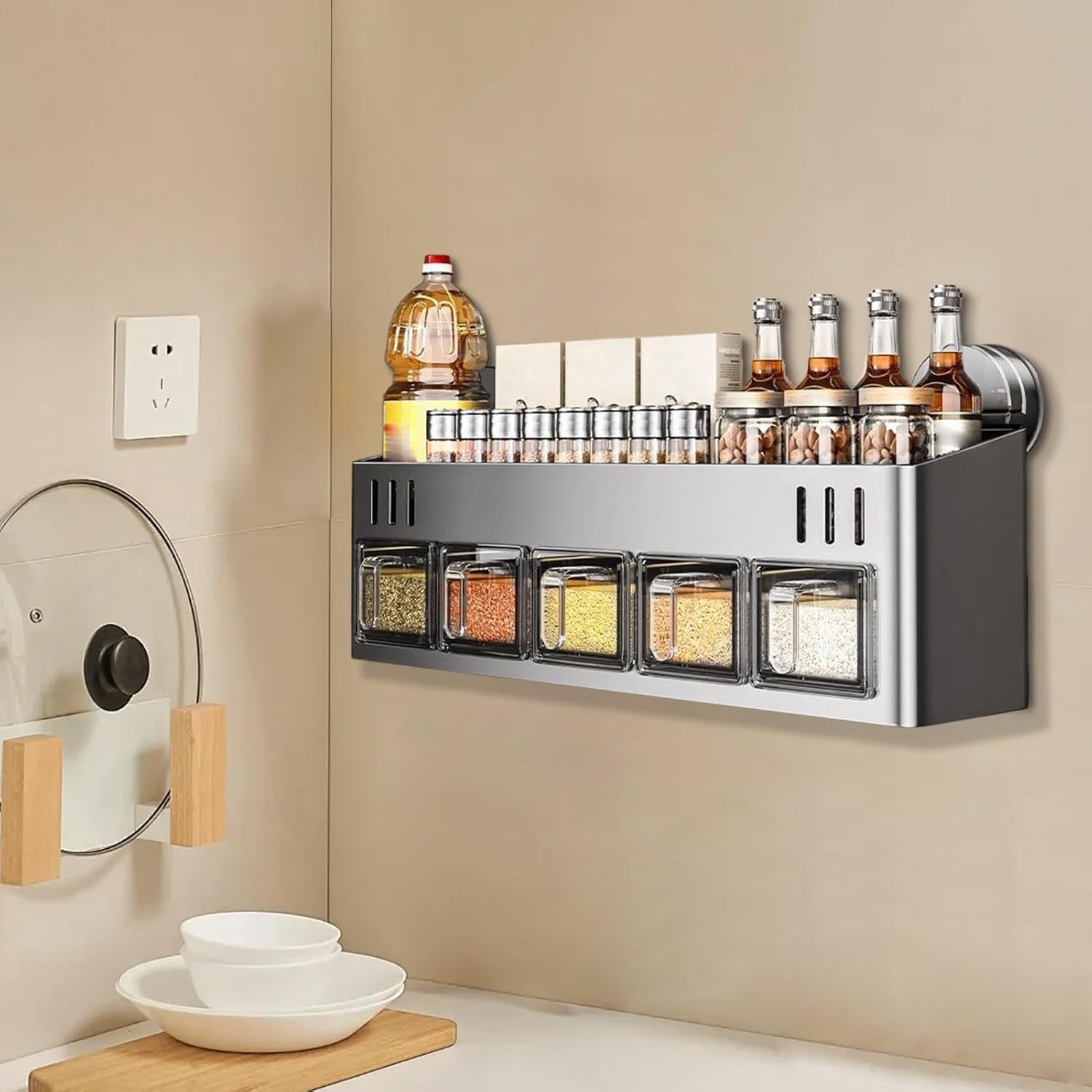 調味料ジャーホルダー、壁掛け棚オーガナイザー、吸盤二層調味料ラック、キッチンウォールジャーボトルディスプレイ、穴開け不要キッチン調味