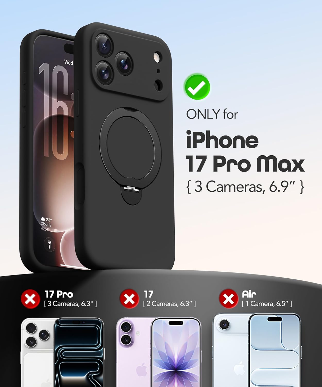 GolbinBox for iPhone 17 Pro Max Case with 360° Spin Magnetic Stand, [Compatible with MagSafe] [Full Camera Protection], Shockproof Liquid Silicone Case with Ring Kickstand for 17 Pro Max 6.9'', Black