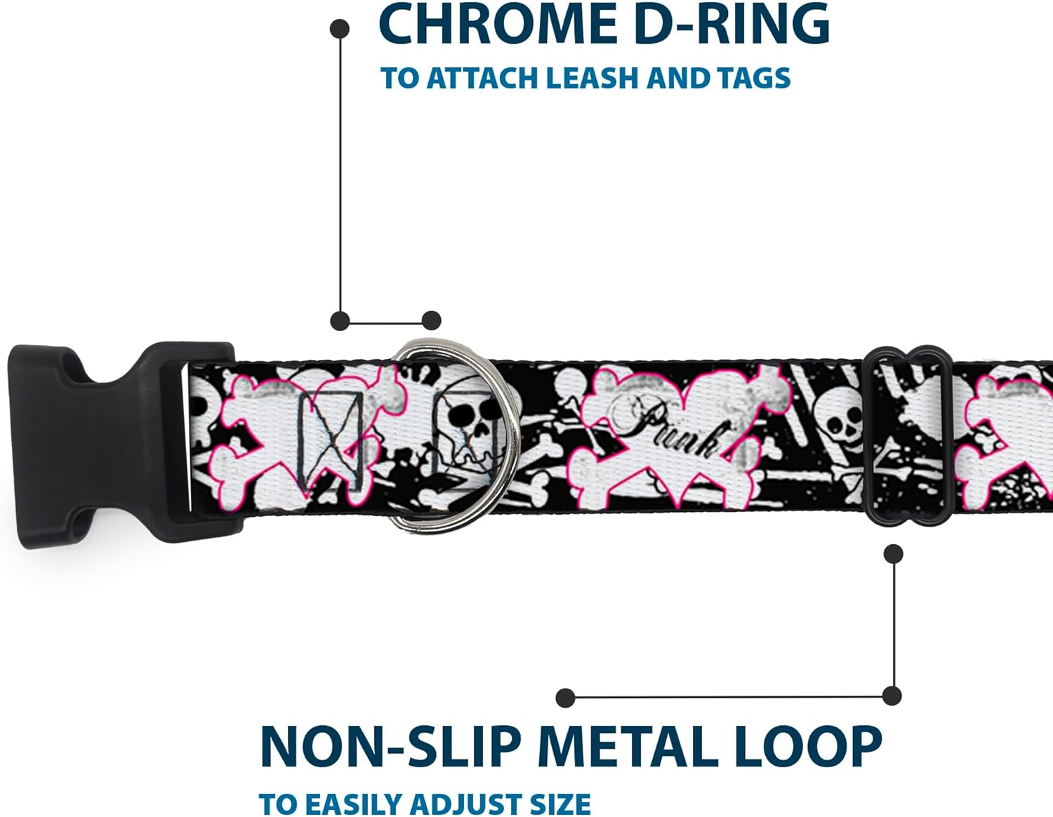 Buckle-Down PC-W31684-WM 16-23" Punk Heart & Cross Bones with Skulls Plastic Clip Collar, Wide Medium