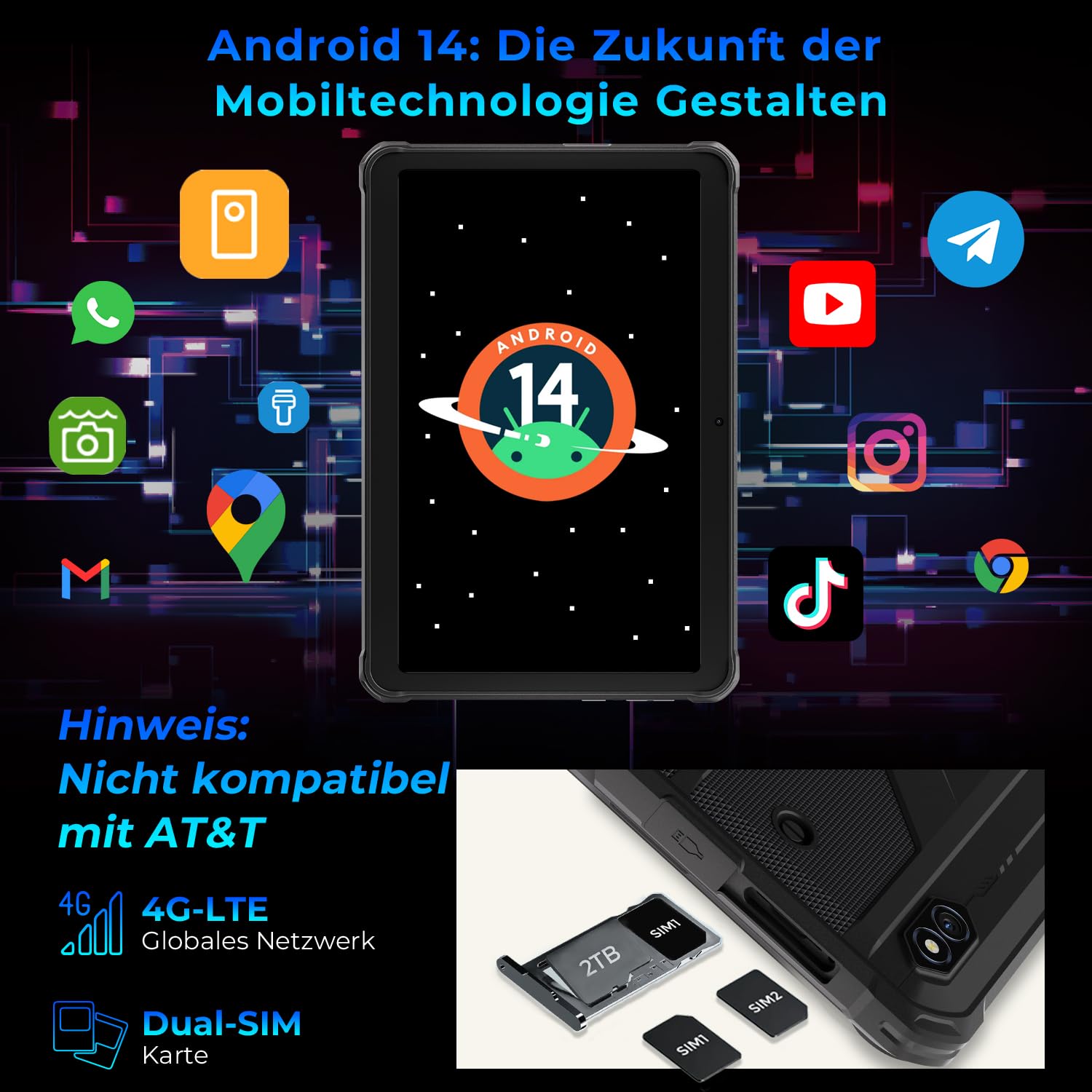HOTWAV R8 Tablet Outdoor Android 14, 10,1 Zoll Baustellen Tablet 5G WiFi | 12GB+128GB/1TB TF, HD+ 800*RGB*1200 Display, Octa-Core, 10800mAh, IP68/IP69K Wasserdicht, 4G LTE Dual SIM/Face ID/GPS/OTG