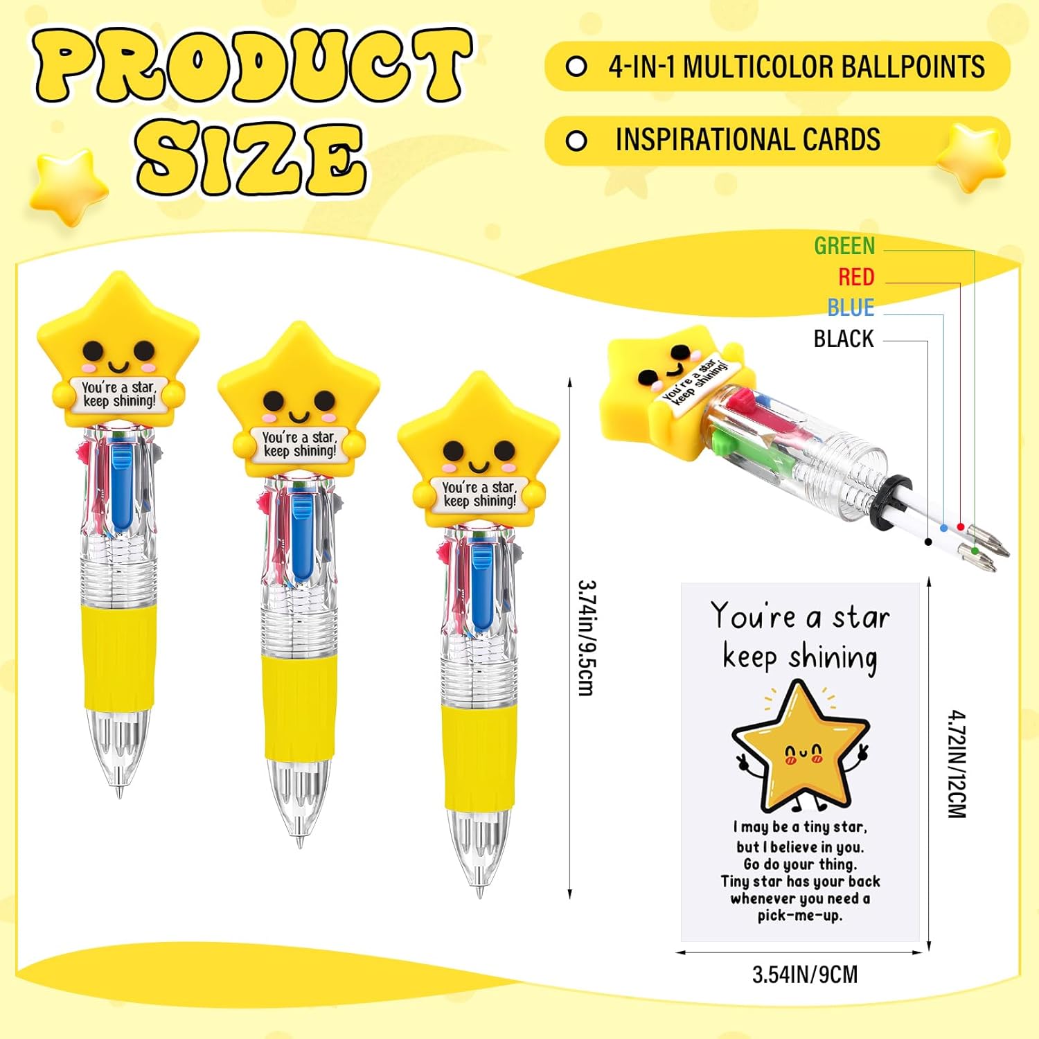 Sayglossy 36 Sets Star Party Favor Gifts Bulk, 4-in-1 Multicolor Ballpoint Pens with “you're a Star” Encouragement Cards Employee Appreciation Gifts for Coworkers, Rewards Events