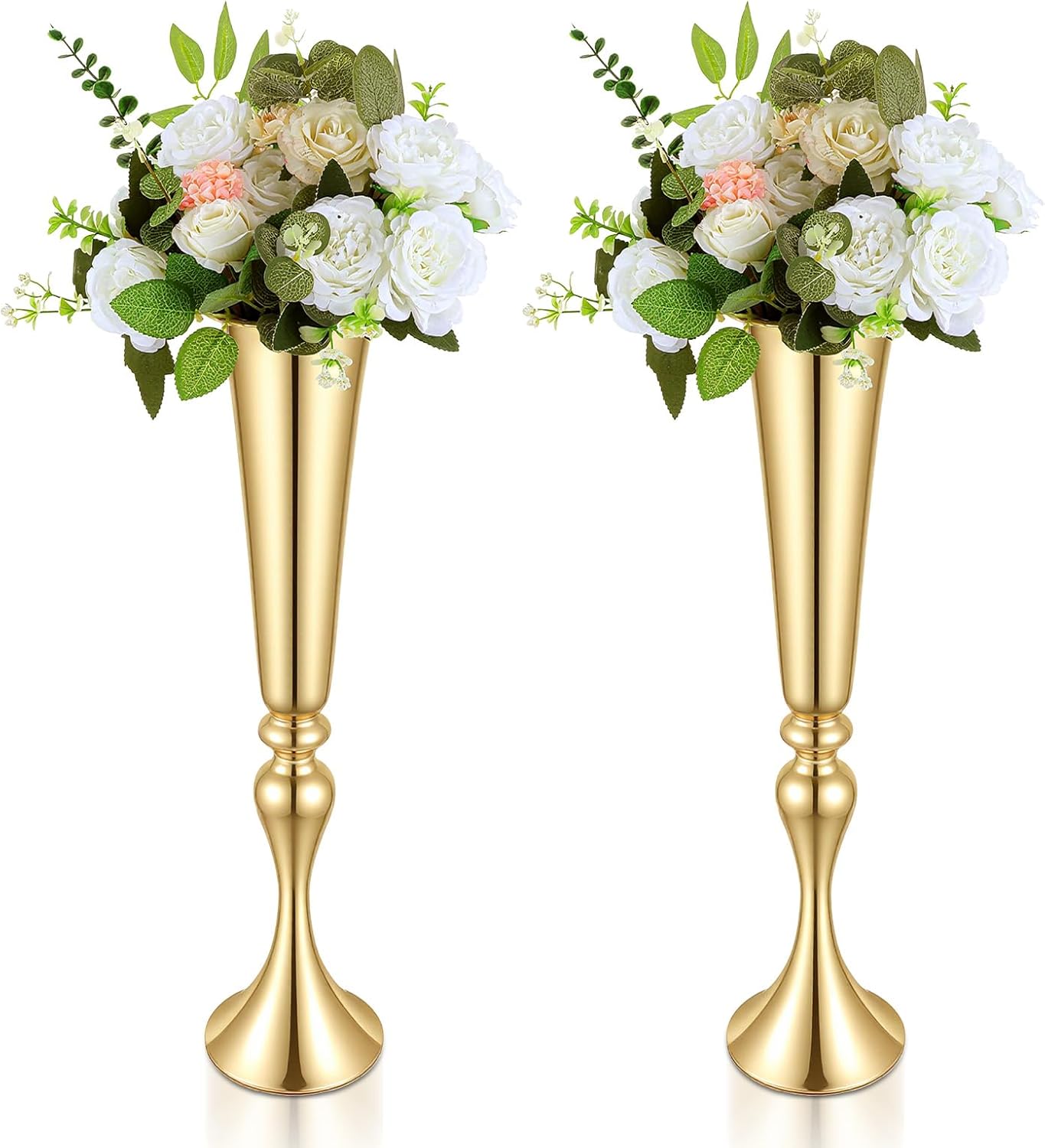 Set of 2 Tall Gold Vases for Centerpieces, 21.9" Metal Trumpet Flower Stand for Wedding Party Dinner Table Decor, Anniversary Celebration Gold Vase Centerpieces for Table