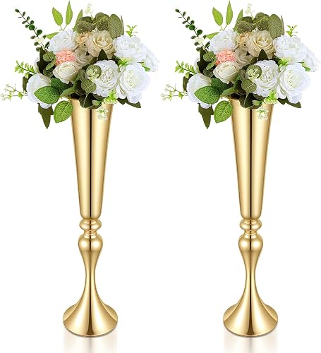 Set of 2 Tall Gold Vases for Centerpieces, 21.9" Metal Trumpet Flower Stand for Wedding Party Dinner Table Decor, Anniversary Celebration Gold Vase Centerpieces for Table