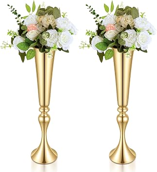 Set of 2 Tall Gold Vases for Centerpieces, 21.9" Metal Trumpet Flower Stand for Wedding Party Dinner Table Decor, Anniversary Celebration Gold Vase Centerpieces for Table