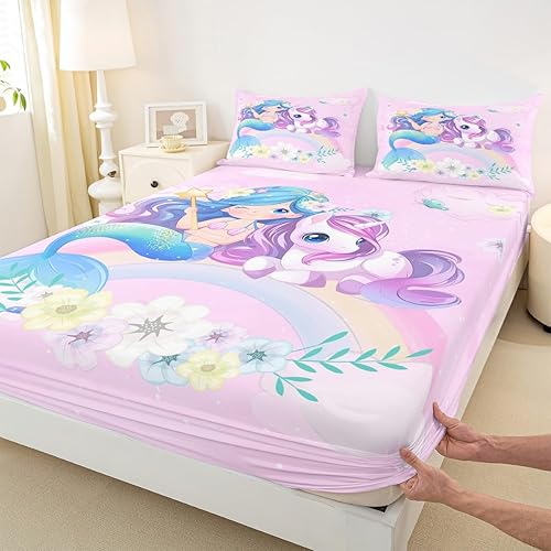 Miniatura 5 de Erosebridal Sábanas de cama de sirena azul para niñas, bonita sábana bajera ajustable de unicornio, 2 piezas, ropa de cama de arcoíris femenino de