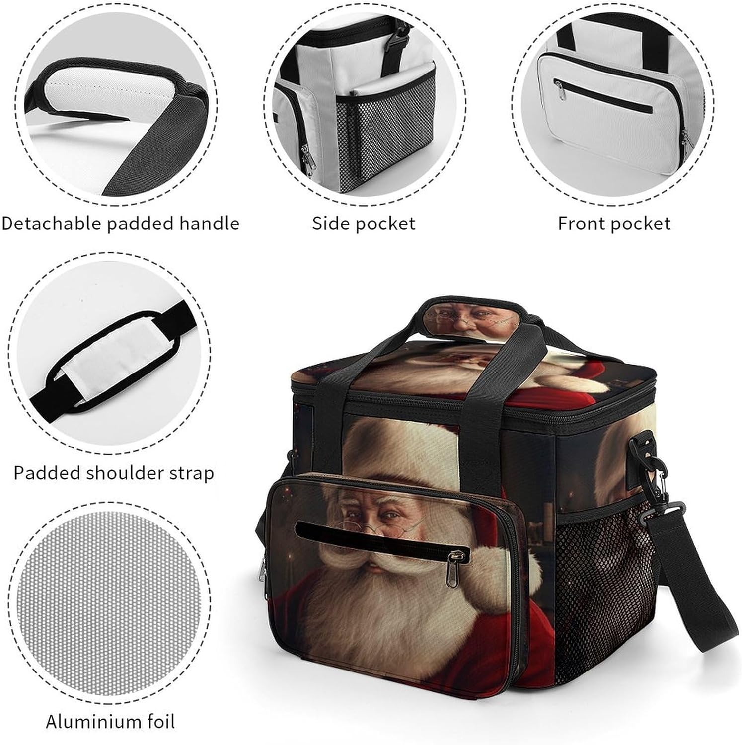 Christmas Santa Cooler Bag Portable Insulated Lunch Bags Leakproof Ice Chest Large Capacity Soft Cooler Tote for Picnic Camping Work Travel Keep Food Drinks Fresh 22.5L