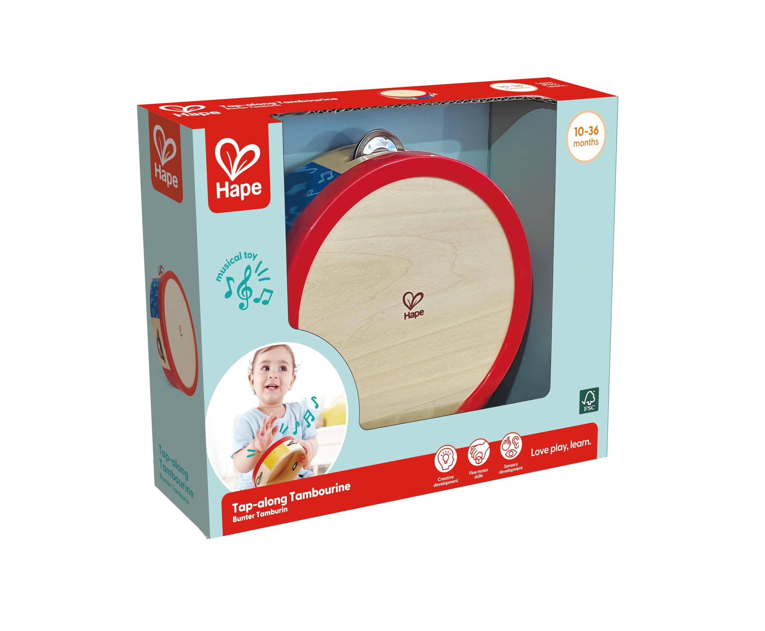 Hape Tamburello in legno 2 in 1 | Tamburello per creare tanti suoni | A partire dai 12 mesi