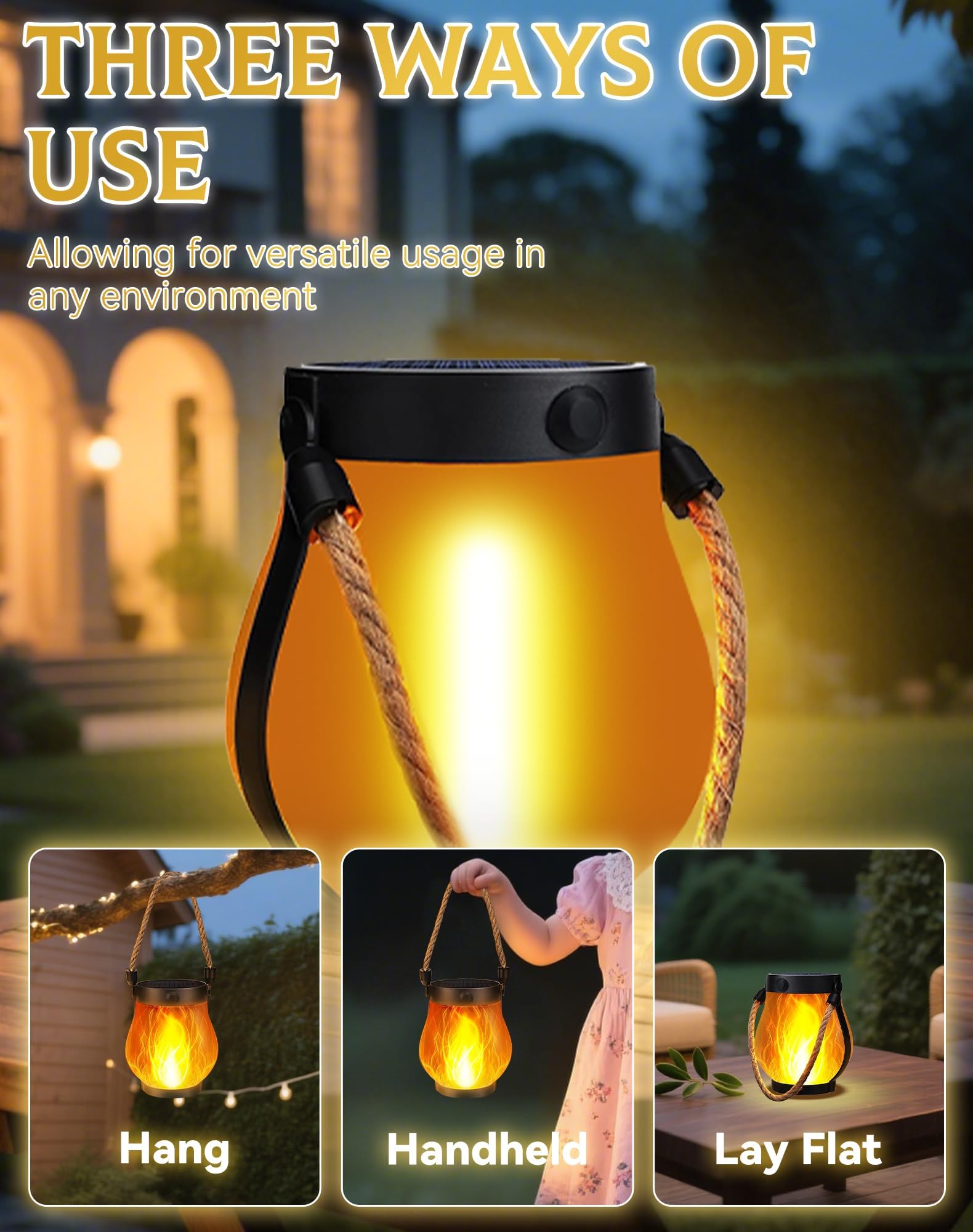 Solar Laterne mit Tanzende Flammen, 4 Stück Solar Lampe Outdoor Hängend, Campinglampe Solar Garten für Außenbereich,Terrasse, Veranda, Balkon