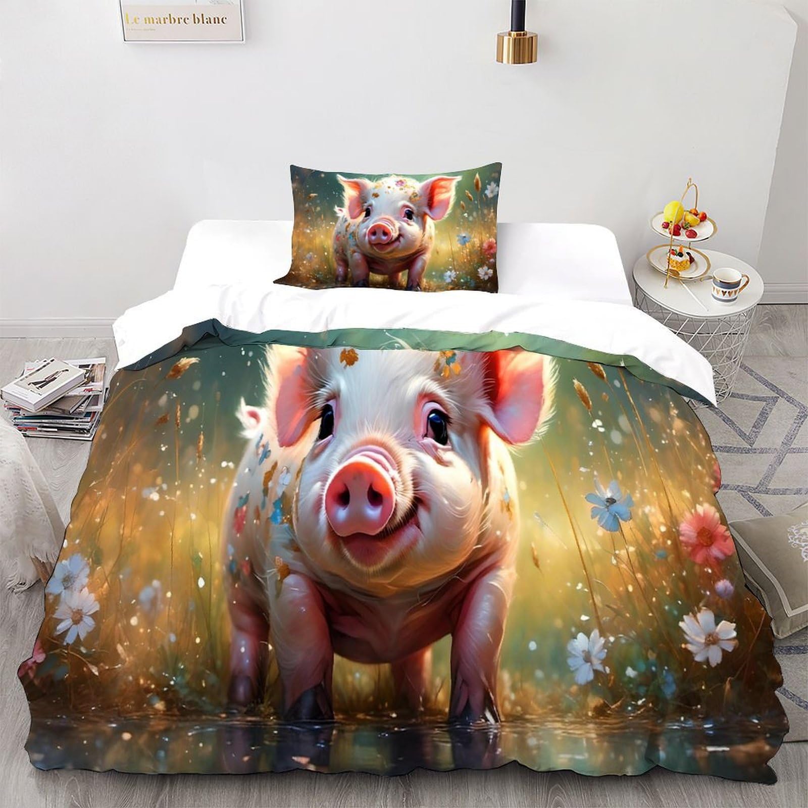 Pig Bedding Set for Comforter Polyester Animal Duvet Cover Set 2 Pcs for Children Teens And Adults -1 with Pillowcases, Single（135x200cm）