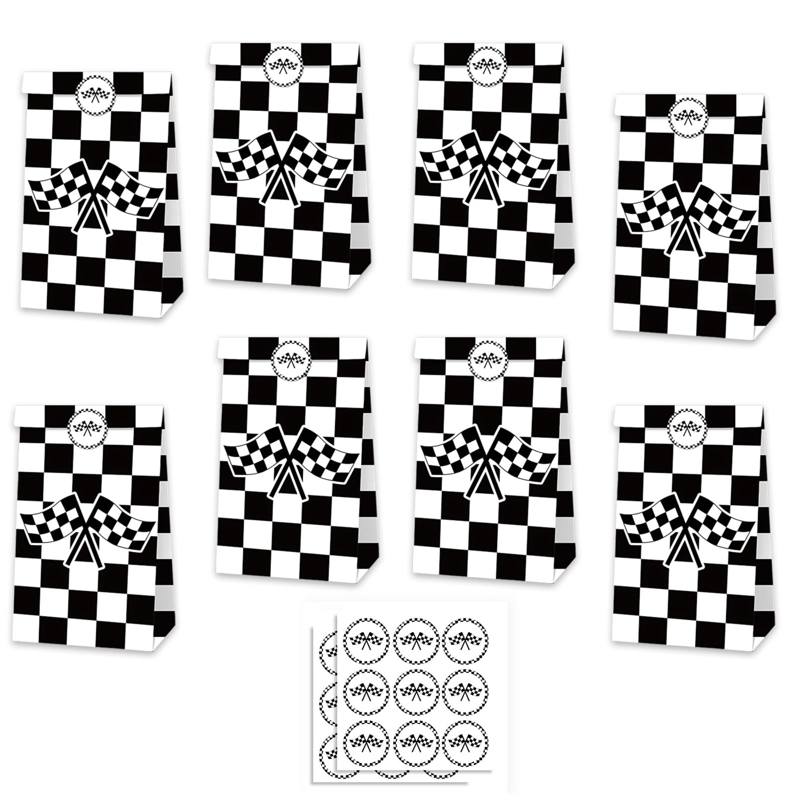 MORAINJAY 12 Pcs Racing Paper Goodie Bags, Black White F1 Flag Checkered Paper Gift Treat Bags, Race Car Theme Party Favour, Boys and kids Birthday Party Supplies (18 Stickers) — image 1