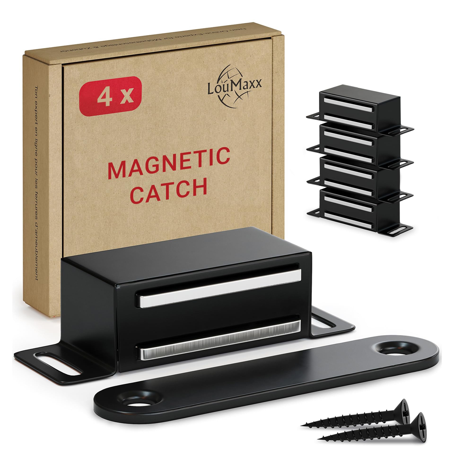 LouMaxx Magnetic Door Catch Strong – Holding Force 6kg – Set of 4 Matte Black Stainless Steel – Cabinet Magnets - Door Magnet - Door Magnetic Catch - Magnetic Cabinet Latch - Magnetic Door Latch