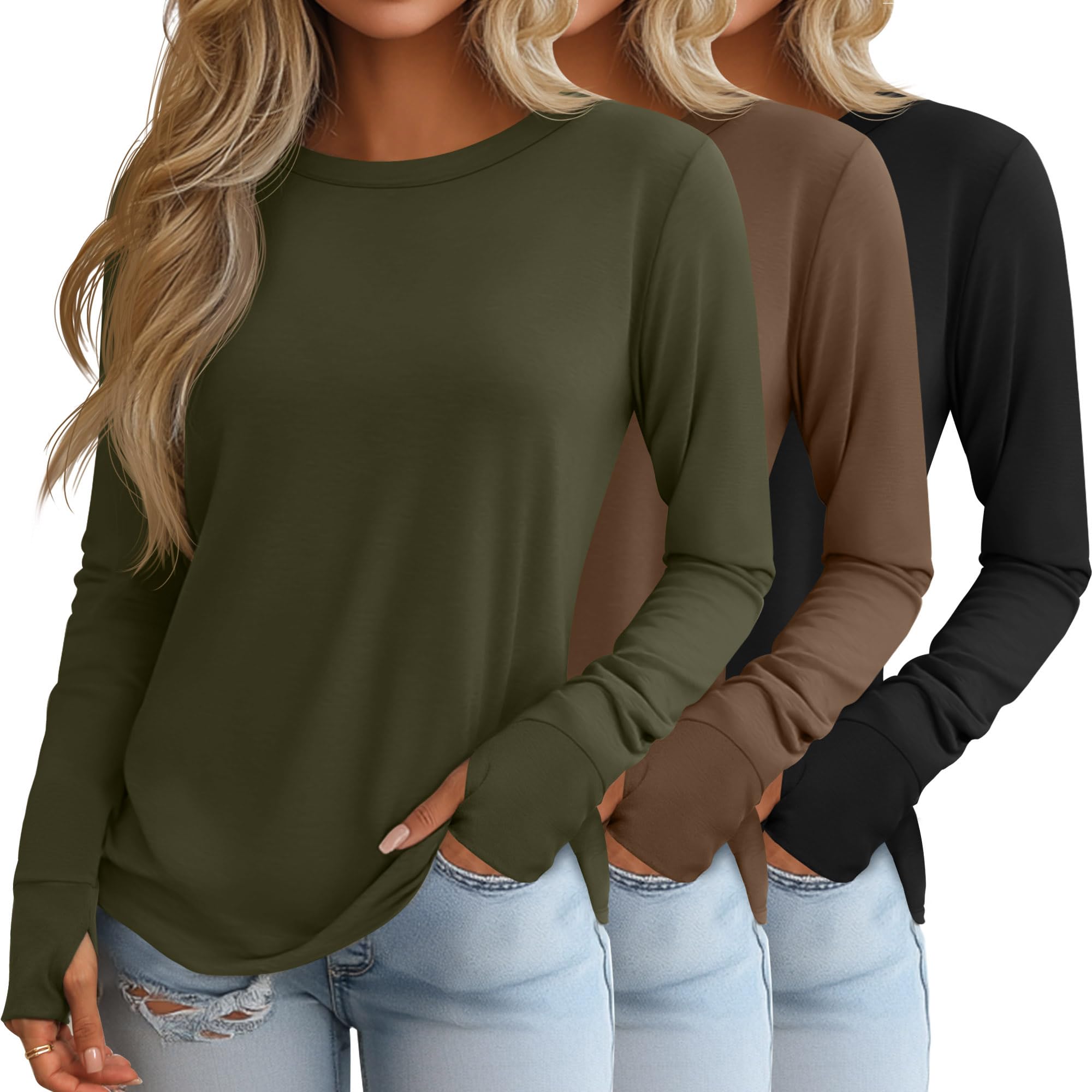 Geyoga Pack de 3 Camisetas de Manga Larga para Mujer con Agujeros para Pulgares, Túnicas Holgadas Informales de Algodón