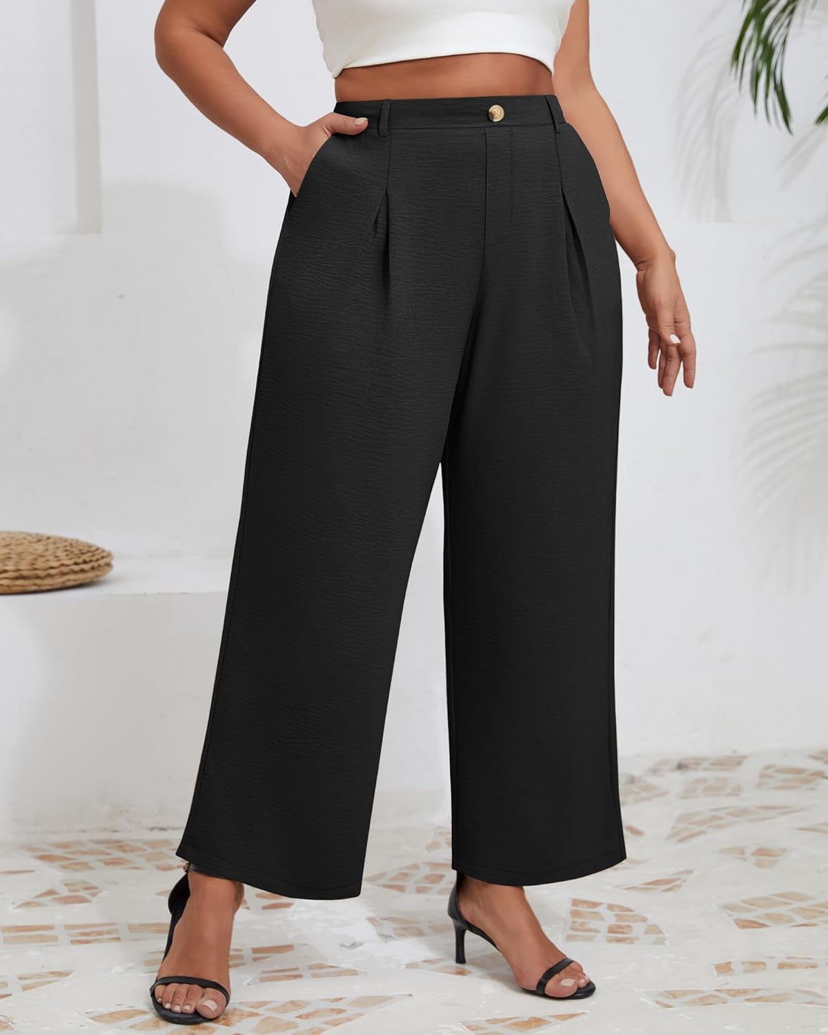 Neer Women's Plus Size Wide Leg Pants, Elastic High Waist Palazzo Pants Casual Business Trousers with Pockets - Image 3