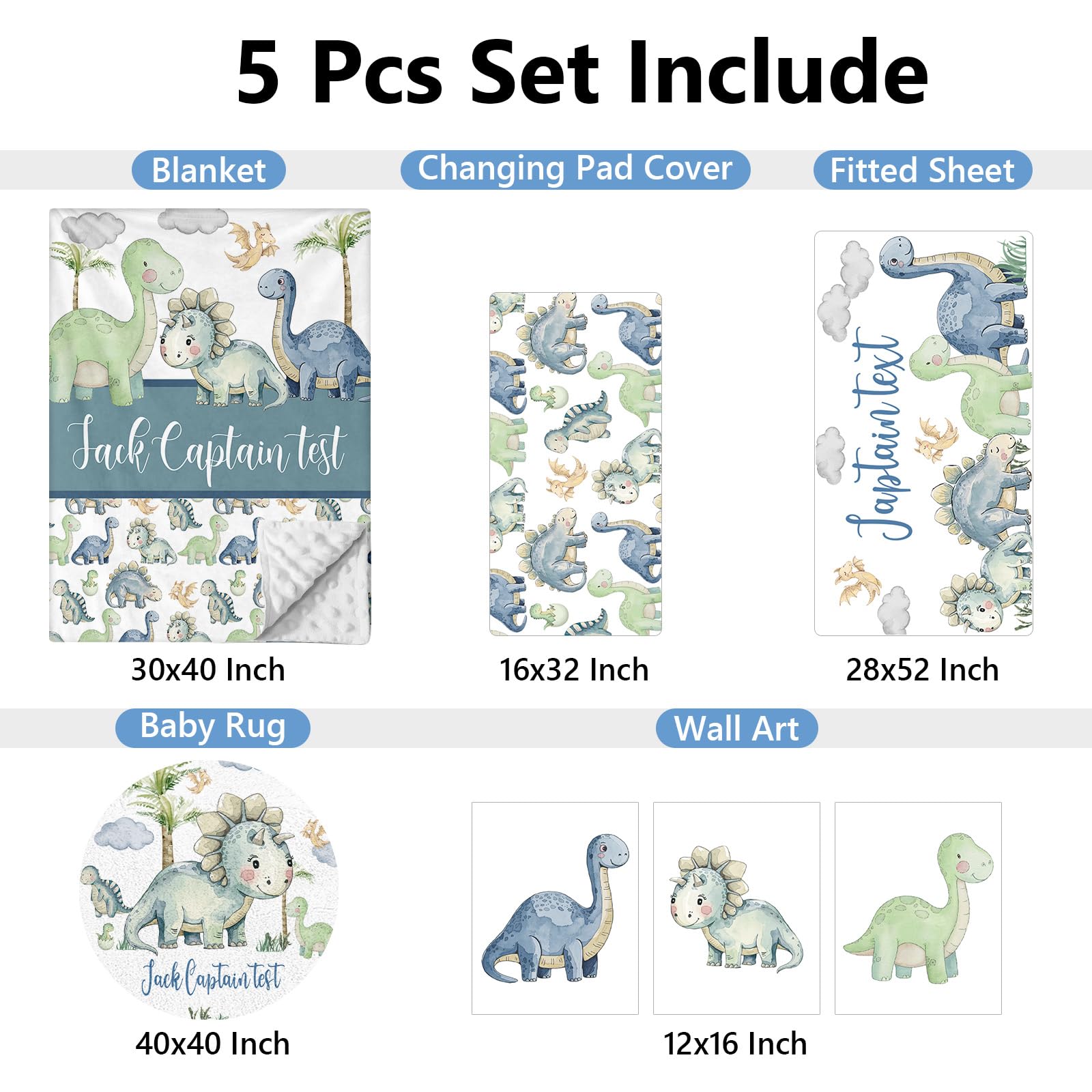 KAINSY Custom Baby Crib Bedding Set, 5 Pcs Personalized Name Green Dino Baby Crib Set for Kid Infant Toddler, Double Layer Customized Present