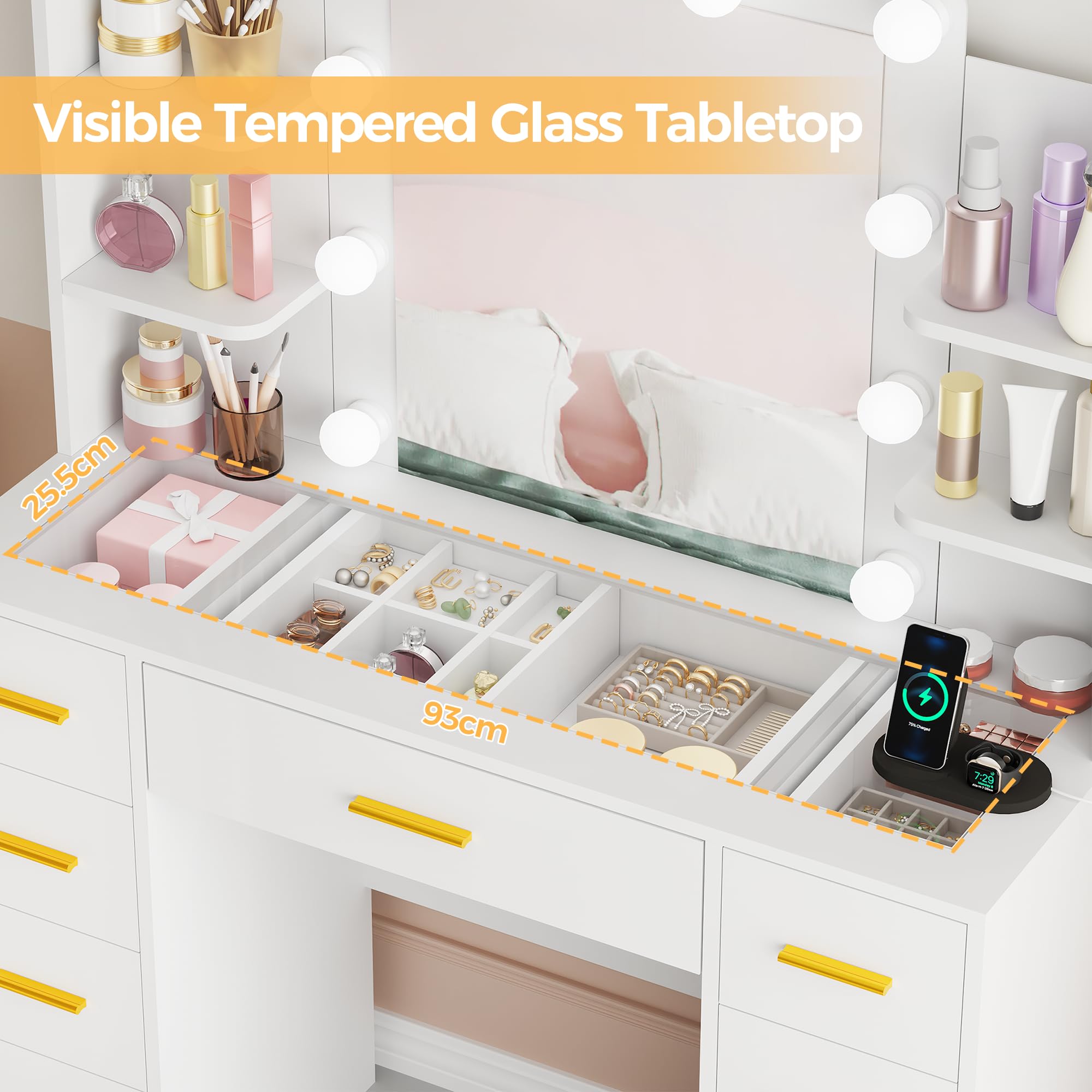 BEWISHOME Grande Coiffeuse avec Miroir et LED lumières,Luminosité Réglable,Coiffeuse avec Plateau en Verre,Table de Maquillage avec Multiprise,9 Tiroirs,4 Étagères Ouvertes Moderne Blanc EFST39W