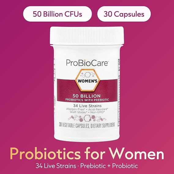 ProBioCare Probiotic for Women, 50 Billion CFUs with Prebiotic, 30 Capsules | 34 Live Strains for Digestive, Immune & Vaginal Wellness Support, Gluten Free, Dairy Free, Non GMO