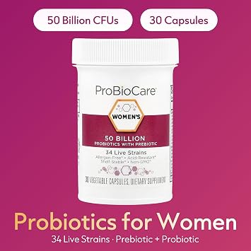 ProBioCare Probiotic for Women, 50 Billion CFUs with Prebiotic, 30 Capsules | 34 Live Strains for Digestive, Immune & Vaginal Wellness Support, Gluten Free, Dairy Free, Non GMO