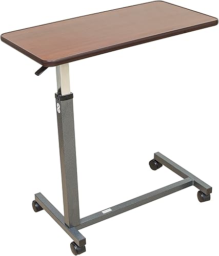 Miniatura 9 de Essential Medical Supply Mesa automática de altura ajustable para colocar sobre la cama, parte superior de madera con ruedas de bloqueo, perfecta