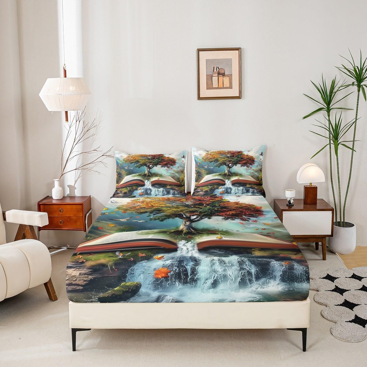 Tree of Life Fitted Sheet Twin 2 Pcs,Magic Book Natural Landscape Sheets Set Breathable Bedding(No Top Sheet),Autumn Leaves Birds Bed Sheet with Deep Pocket,Farmhouse Style Bed Cover
