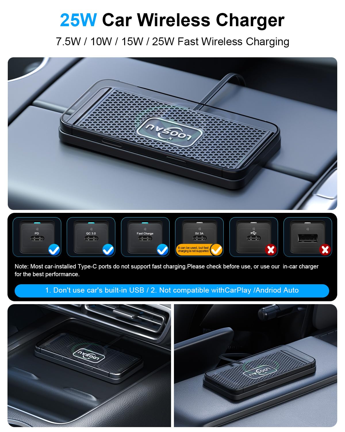 Chargeur de voiture sans fil 25 W antidérapant rapide pour téléphone sans fil pour Android pour iPhone 11/12/13/14/15 Pro Max Xs