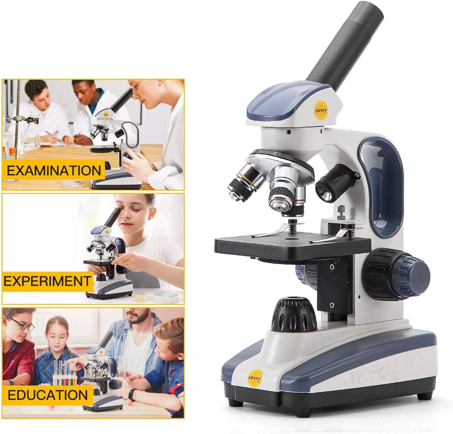 Swift SW200 Compound Mikroskop für Kinder und Studenten, 40X-1000X, Weitwinkel, 10X/25X Okular, Tragegriff, kabellos, Metallkörper
