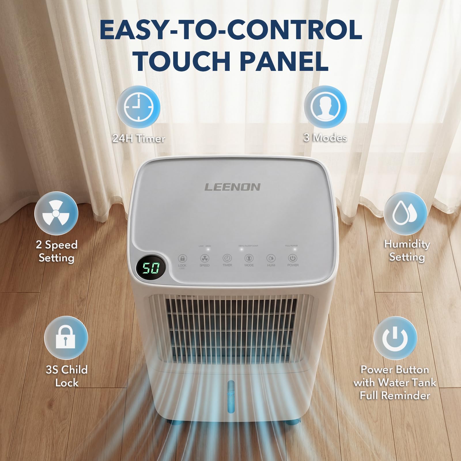 LEENON 12L Deshumidificador de Humedad Compresor, Modo Inteligente/Continuo/Sueño, Temporizador de 24 horas, Doble Sistema de Drenaje, Apagado Automático, 30m² para para el Hogar Sótano