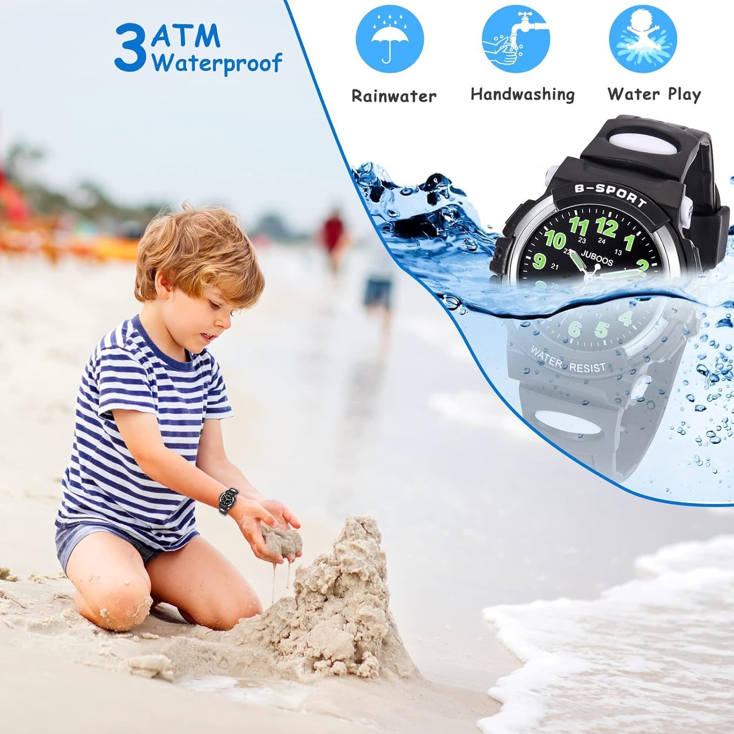 Juboos Kids Analog Watch showing water resistance for rainwater, handwashing, and water play, with a child playing in sand