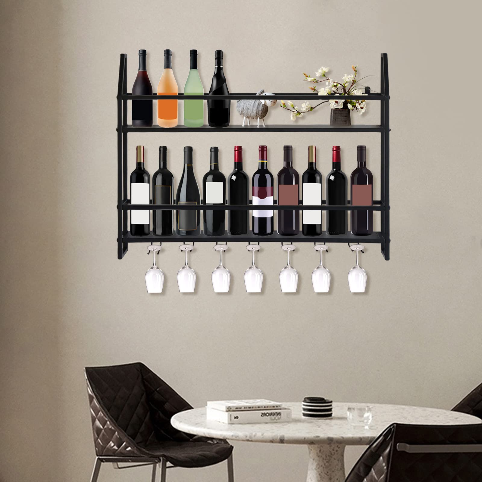 Regał na butelki, regał na wino, drewniany, montowany na ścianie regał na wino z uchwytem na szkło, regał na wino, metalowy montaż ścienny, 2 warstwy, przemysłowy regał na kieliszki do wina