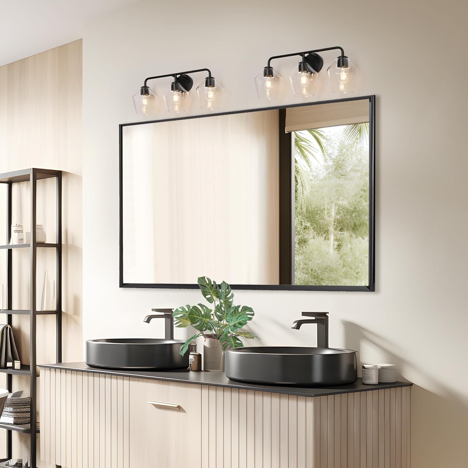 KSANA Bathroom Light Fixture, Modern Black Vanity Lights Over Mirror 3 Light Bathroom Lighting with Clear Glass Diamond-shaped Shade