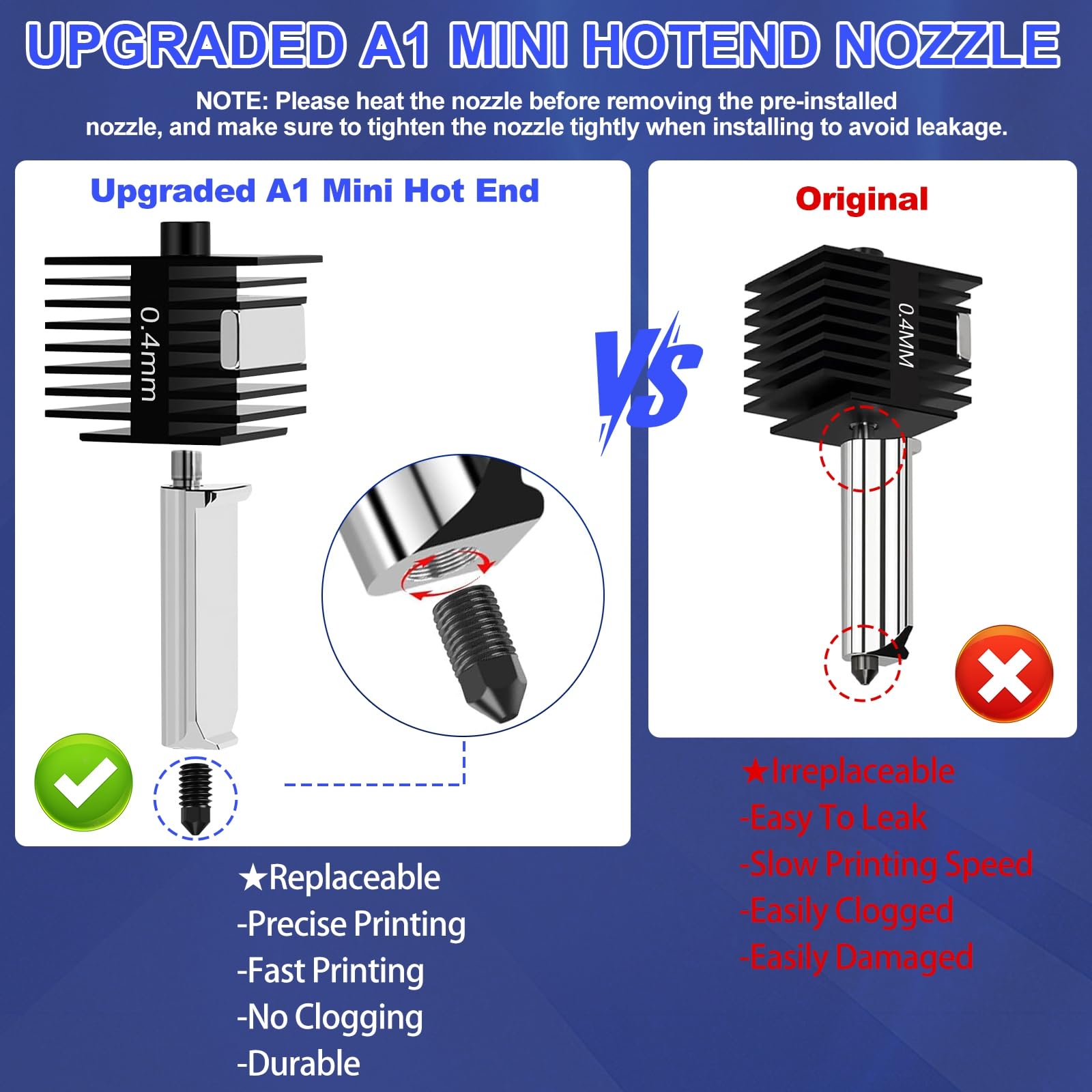 Geüpgrade printkop voor Bambu lab A1/A1 mini Hoge temperatuurbestendige 0,2 mm gehard stalen mondstuk Extruder hot end kit, inclusief 1 siliconen sok en 2 vervangbare gehard stalen 0,4 mm mondstukken