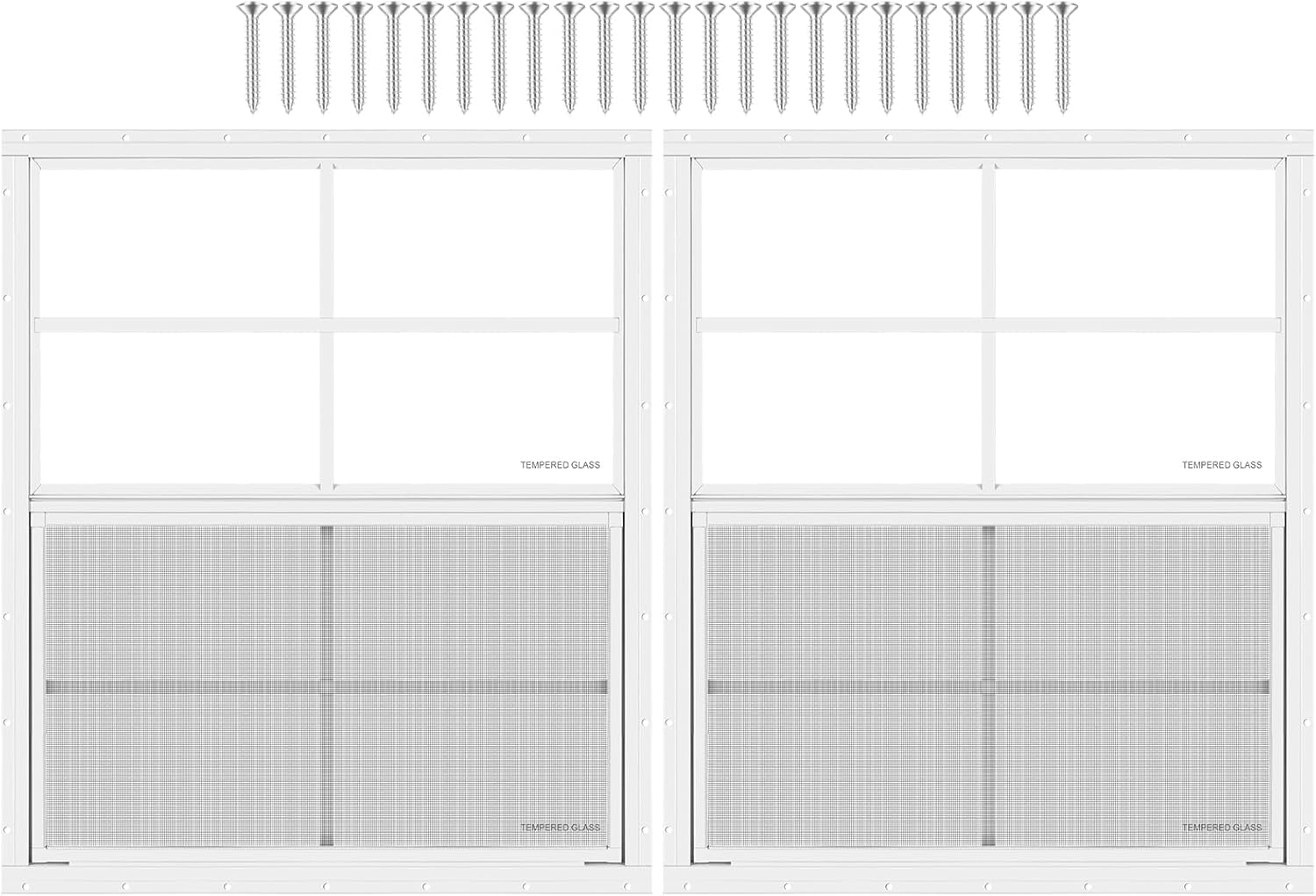 2 Pack Shed Window 24W“x27"H, White Flush Mount Window with Tempered Glass and Removable Screen for Playhouses, Sheds, Garage and Chicken Coops 24"x27" White