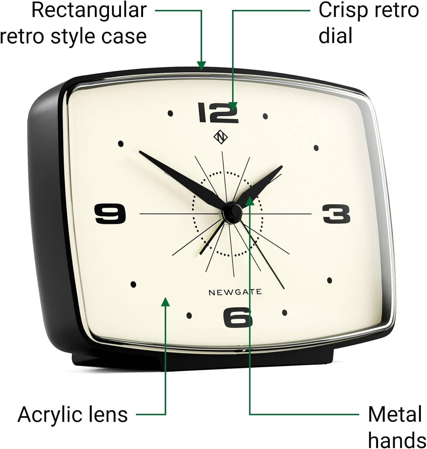 NEWGATE Brooklyn Retro Alarm Clock - Rectangular Matt Black Silent Sweep Clock - Bedside Accessory - 10.6 x 14 x 5.4cm / 4.1 x 5.5 x 2.1in