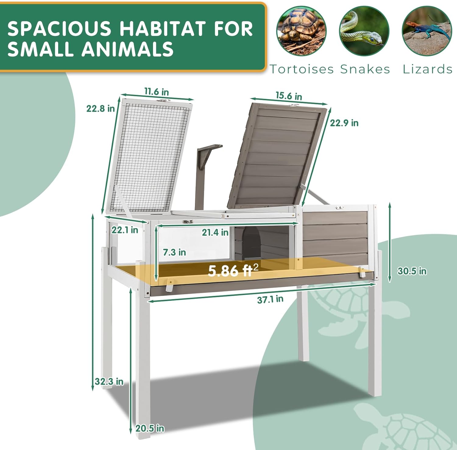 Tortoise Habitat Tank Indoor Outdoor, Wooden Tortoise House with Detachable Legs, 2-Room Reptile Turtle Enclosure Cage for Small Animals, Lamp Holder,Leakproof Tray, Grey