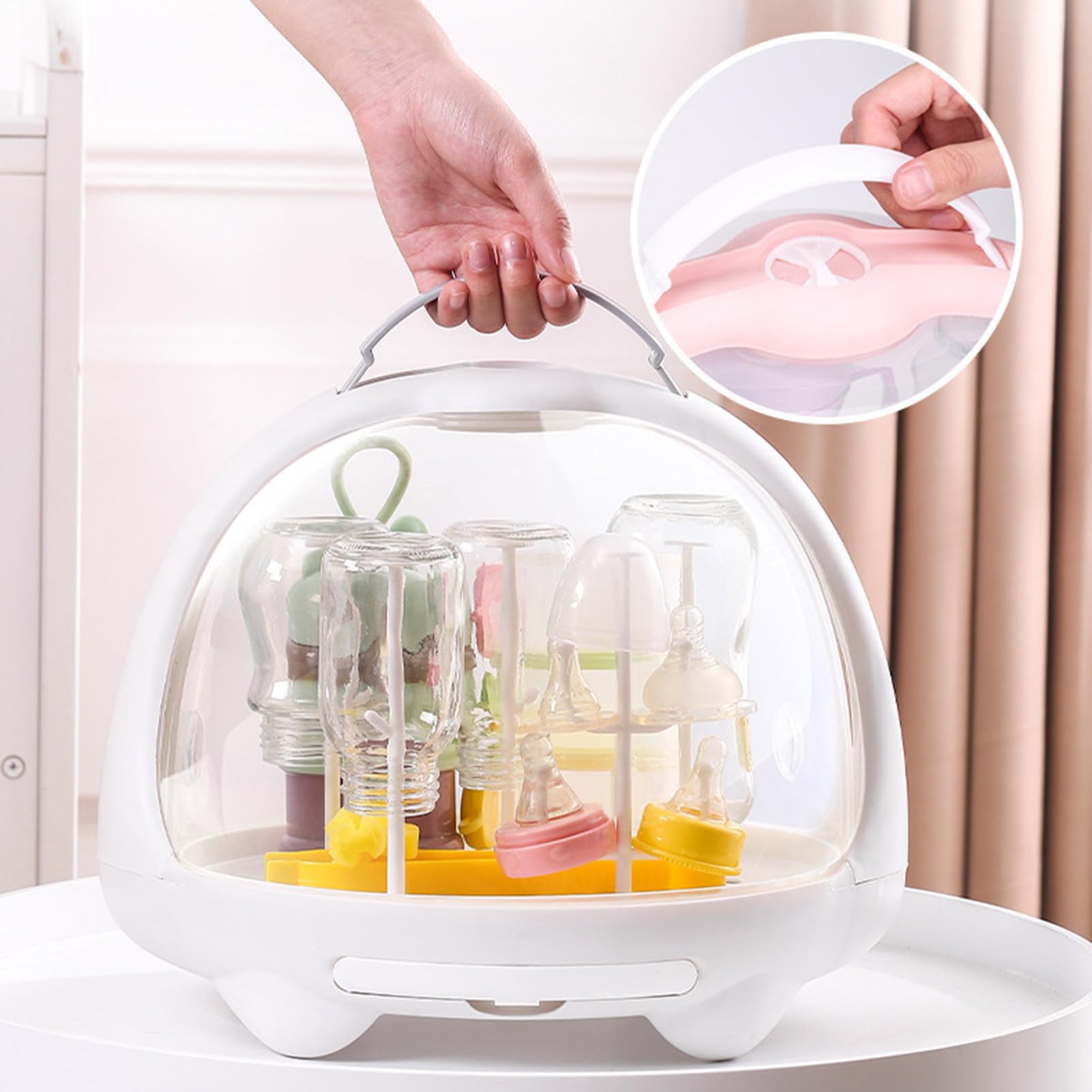 Soporte para secar biberones, escurridor para biberones, tendedero con bandeja de goteo extraíble, caja de almacenamiento para biberones con cubierta