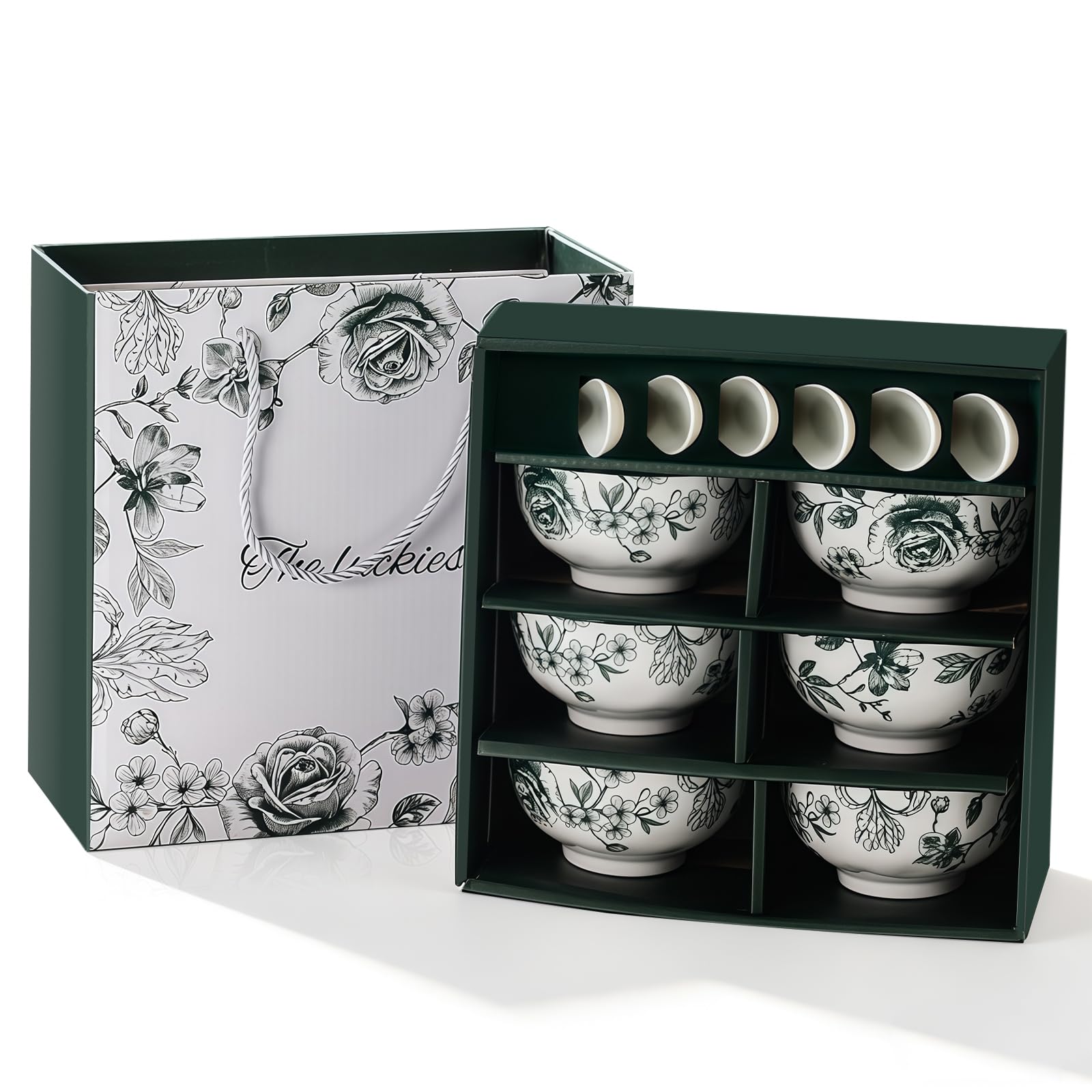 CHUNGG Japanese Style Ceramic Bowl Set - 6 Bowls & 6 Spoons, Glazed Green Rose Pattern, Cereal Bowl/Soup Bowls for Salad, Dessert, Snacks, Ideal Japanese Gifts in Gift Box