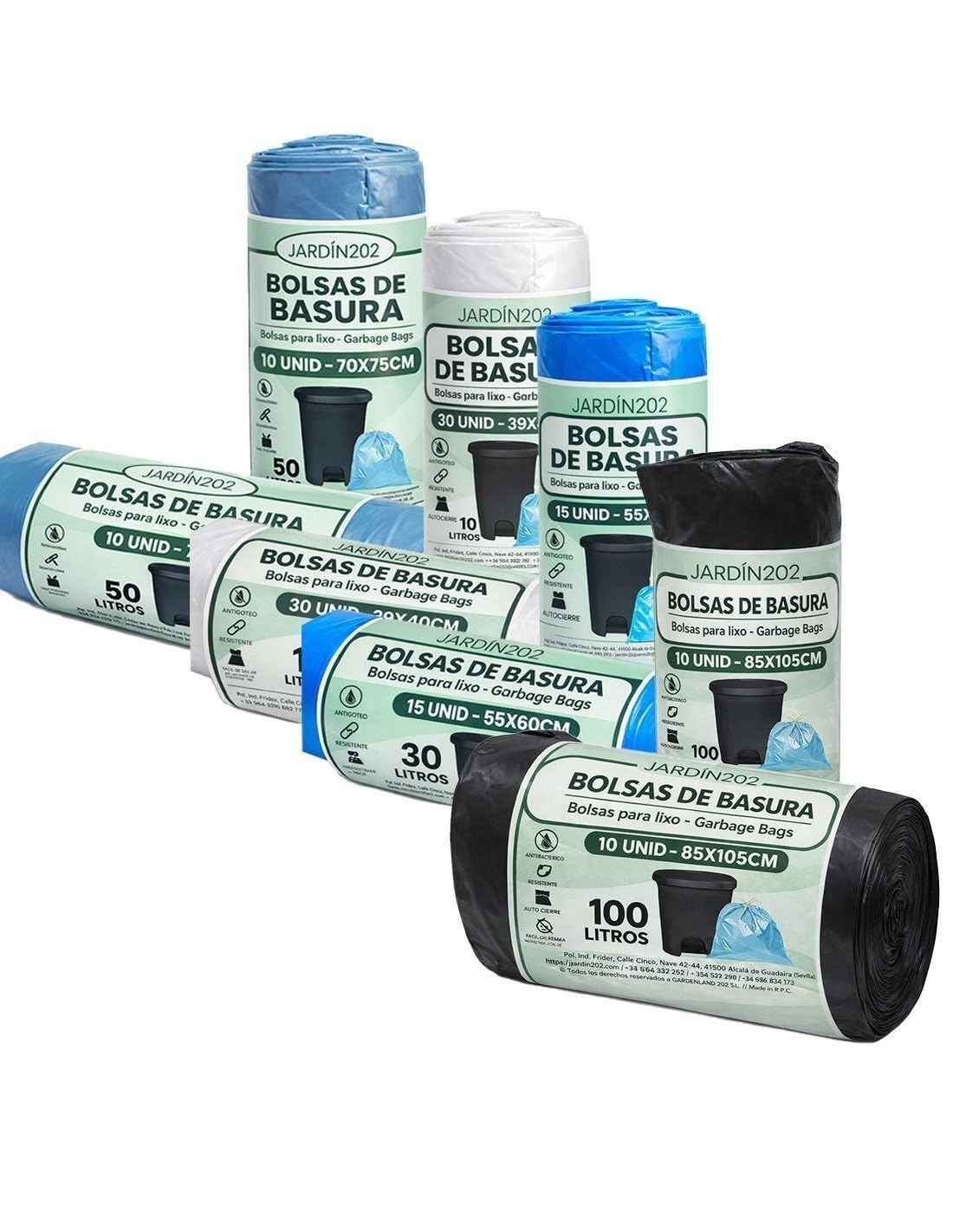 JARDIN202 - Bolsas de basura 50 litros con autocierre azul 70x75 cm 10 unidades resistentes y antigoteo para uso doméstico y profesional | Pack 30 uds