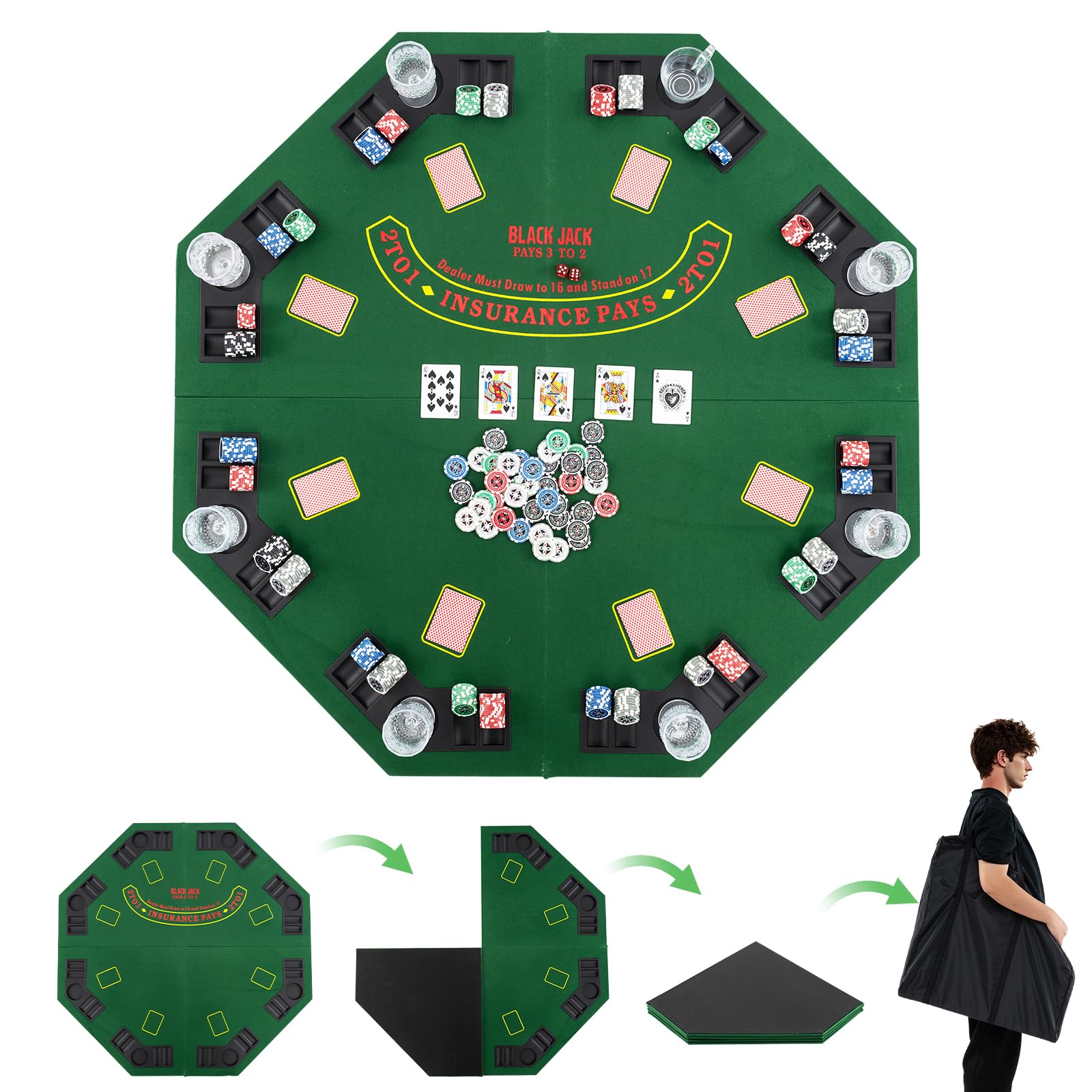 GOPLUS Mesa de Póker Portátil para 8 Jugadores, Tablero de Juego de 120 CM con Portavasos y Bandejas para Fichas, Bolsa de Transporte, Base Antideslizante, Diseño para Juegos en Familia, Casino