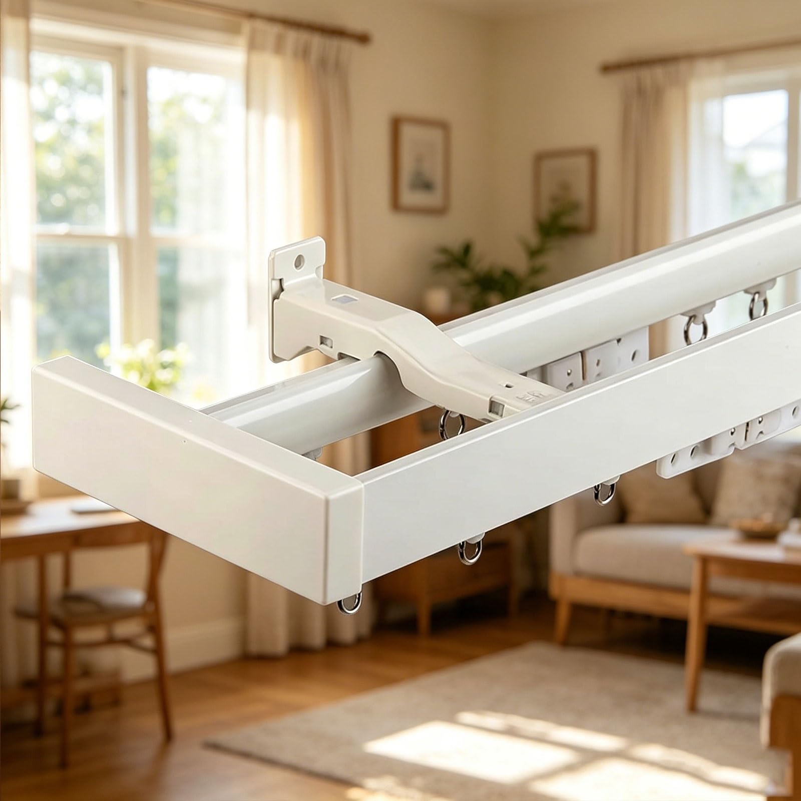 Silent - Riel doble de aluminio de doble fila, riel doble para montar en la pared con soportes y polea, ideal para dormitorio, sala de estar, hospital, hotel (blanco, 2,8 m)