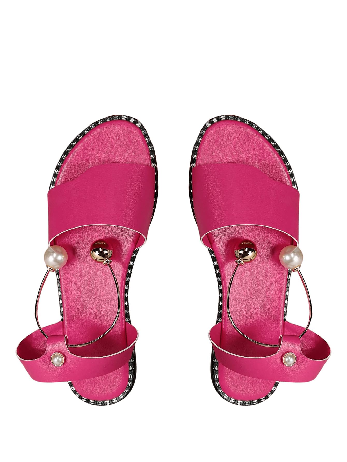 OYOANGLE Women's Pearl Decor Clear Straps Open Toe Flat Sandals Leather Outdoor Beach Sandals