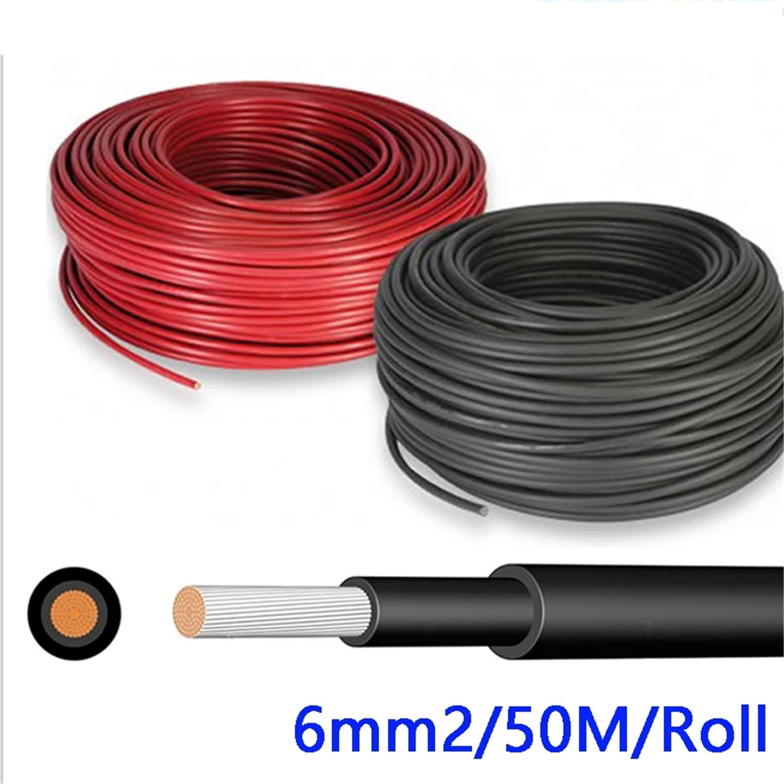 Cable Solar de Cobre estañado TUV, 25/50 Metros/Rollo, 6 mm², 10 AWG, Rojo y Negro, 50 m, for Conexiones de Paneles solares.(50 Meters Red)