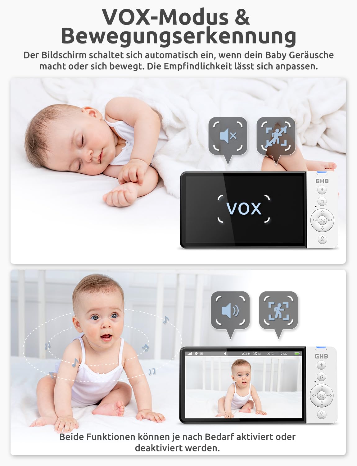 GHB Babyphone mit Kamera 5 Zoll 720P HD Display mit bis zu 168h Akkulaufzeit im VOX Bewegungserkennung Split-Screen-Anzeige Nachtsicht 4X Zoom Schwenkbar