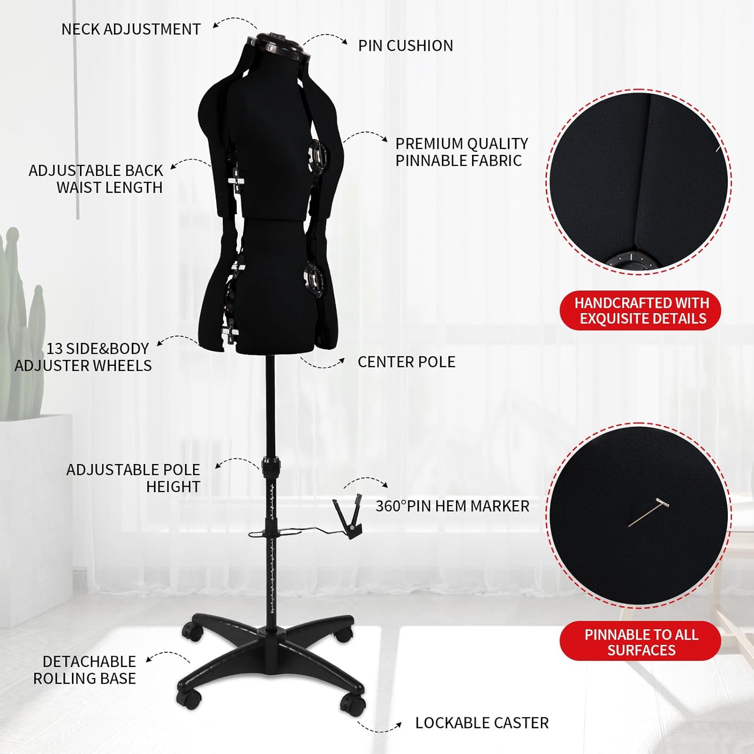 Black Dress Form Adjustable Mannequin for Sewing, Female Size 6-14 Pinnable Body Form with 13 Dials & Detachable Casters, 42.5"-60" Height Range for Clothing Display, Small to Medium