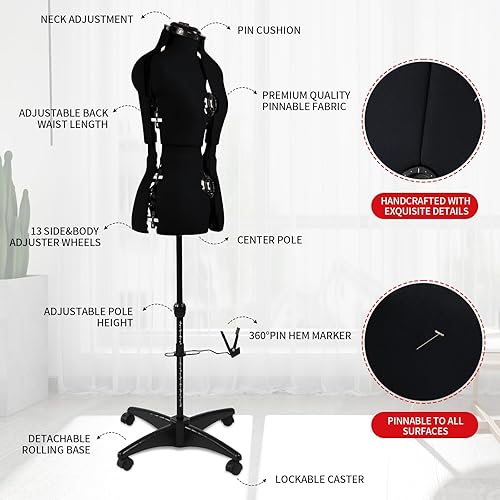 Miniatura 5 de PDM WORLDWIDE maniquí de vestido negro ajustable para costura, forma de cuerpo femenino, tallas 6-14, con 13 diales y ruedas desmontables, rango de