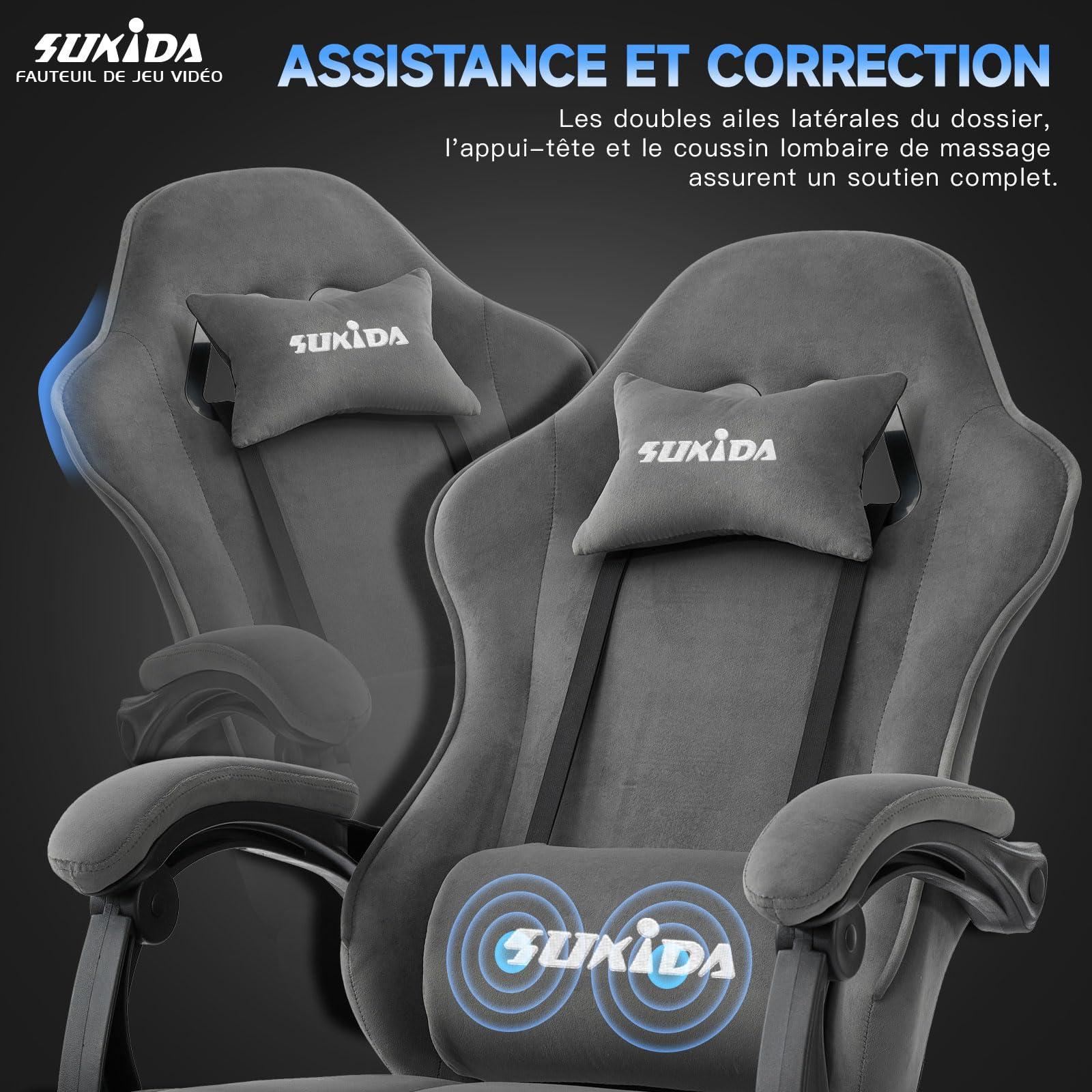 SUKIDA Chaise de gaming en tissu, Chaise de gaming ergonomique avec repose-pieds, Chaise de course informatique réglable avec support lombaire, Gris Chaise PC ergonomique