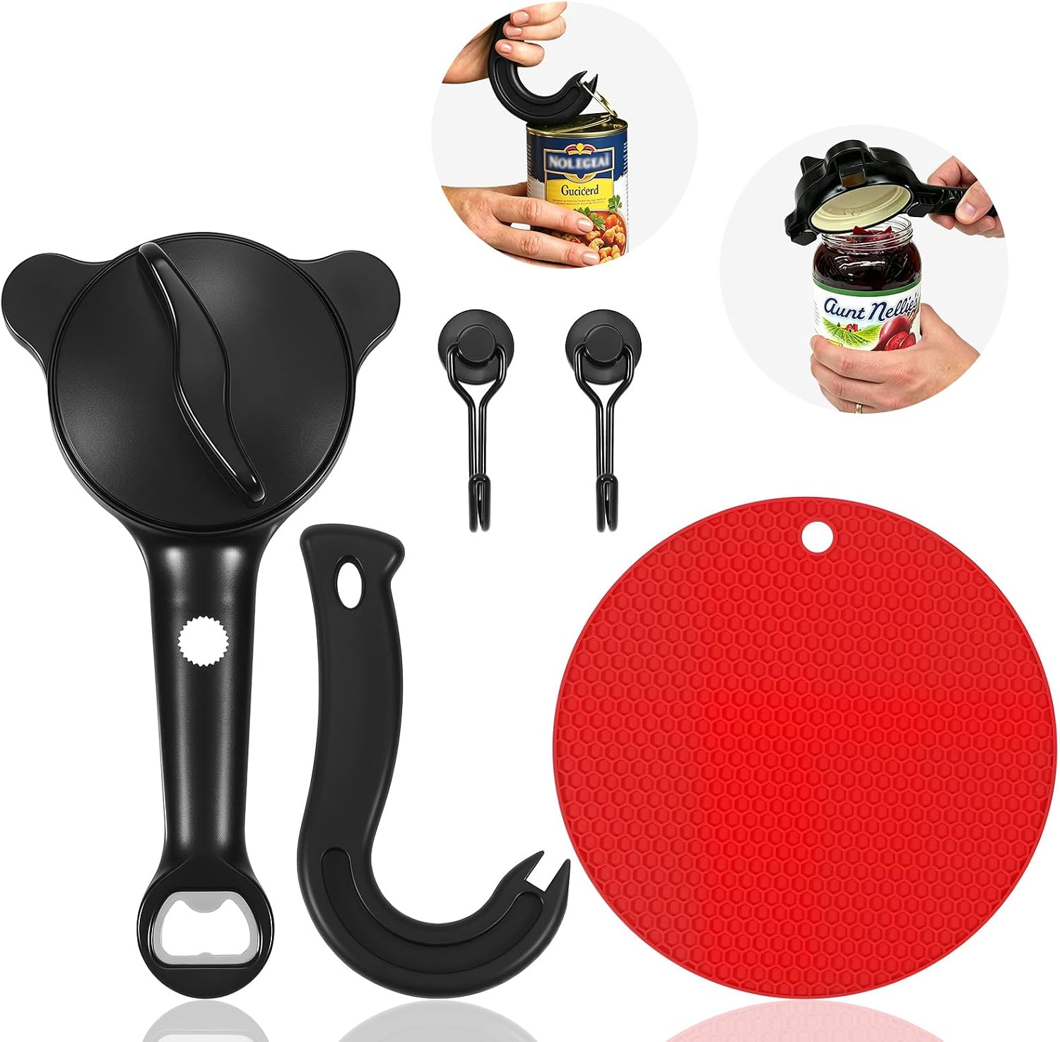 5-Piece Jar Opener for Weak Hands, Seniors with Arthritis - Adjustable Stainless Steel 4 in 1 Bottle Lid Opener Set for Arthritic Hands with Non Slip Rubber Gripper Pad, Ring Pull Can Opener & Hooks